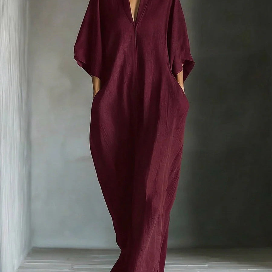 Aline - Robe longue avec manches 3/4 et décolleté en V