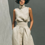 Fleur - Ensemble minimaliste de blouse sans manches et pantalon à jambes larges en coton et lin pour femme