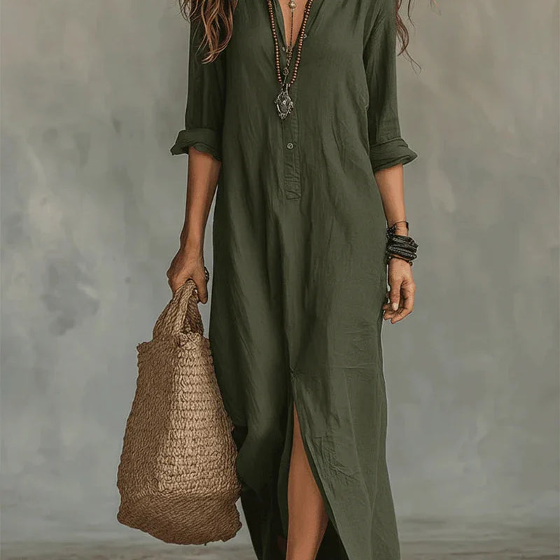 Céline - Robe Maxi Noire Ample avec Boutons