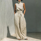 Fleur - Ensemble minimaliste de blouse sans manches et pantalon à jambes larges en coton et lin pour femme
