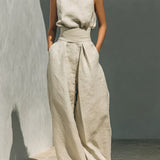 Fleur - Ensemble minimaliste de blouse sans manches et pantalon à jambes larges en coton et lin pour femme