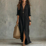 Céline - Robe Maxi Noire Ample avec Boutons