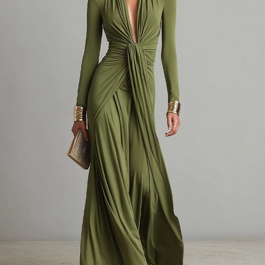 Coralie - Robe Maxi en Soie Olive à Décolleté en V