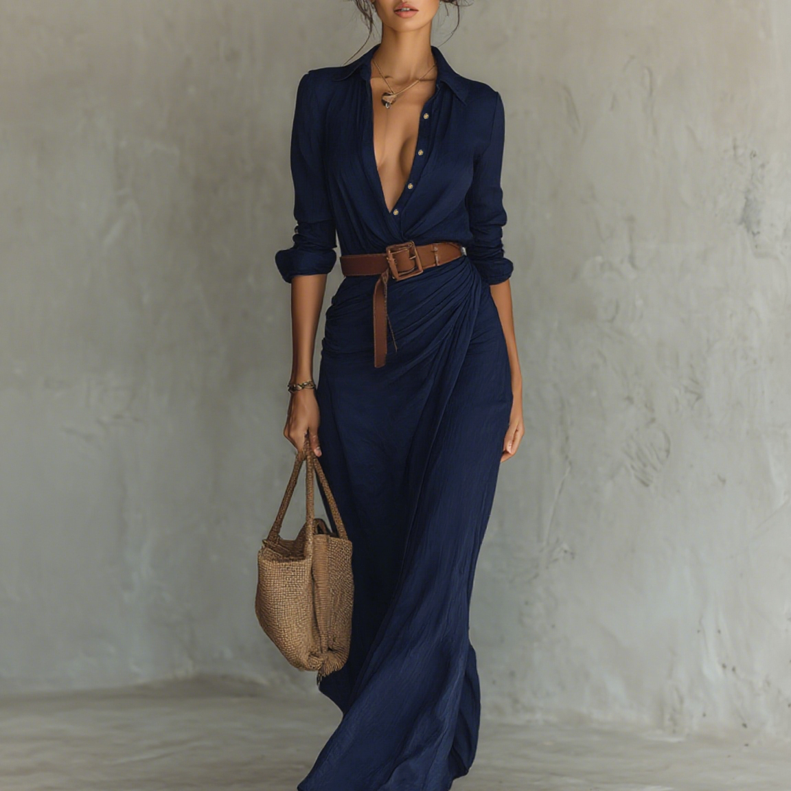 Capucine - Robe maxi à col revers à manches longues