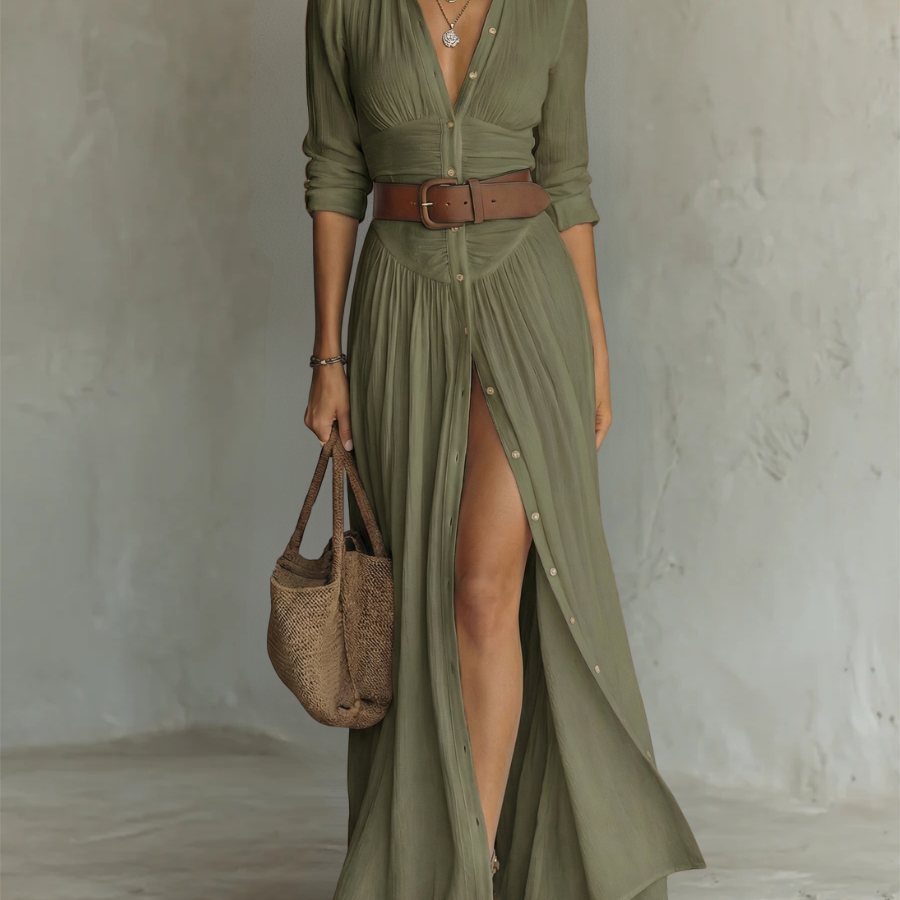 Adèle - Robe maxi en lin avec col revers à manches longues