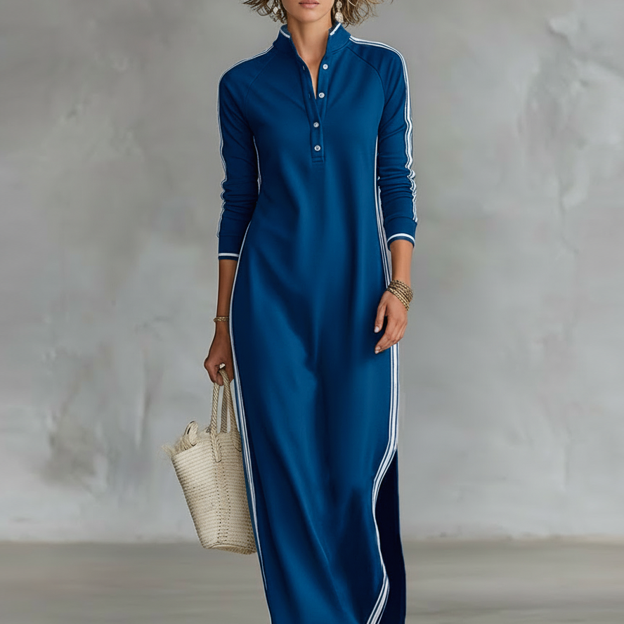 Eugénie - Robe Maxi en Sweat avec Col Boutonné