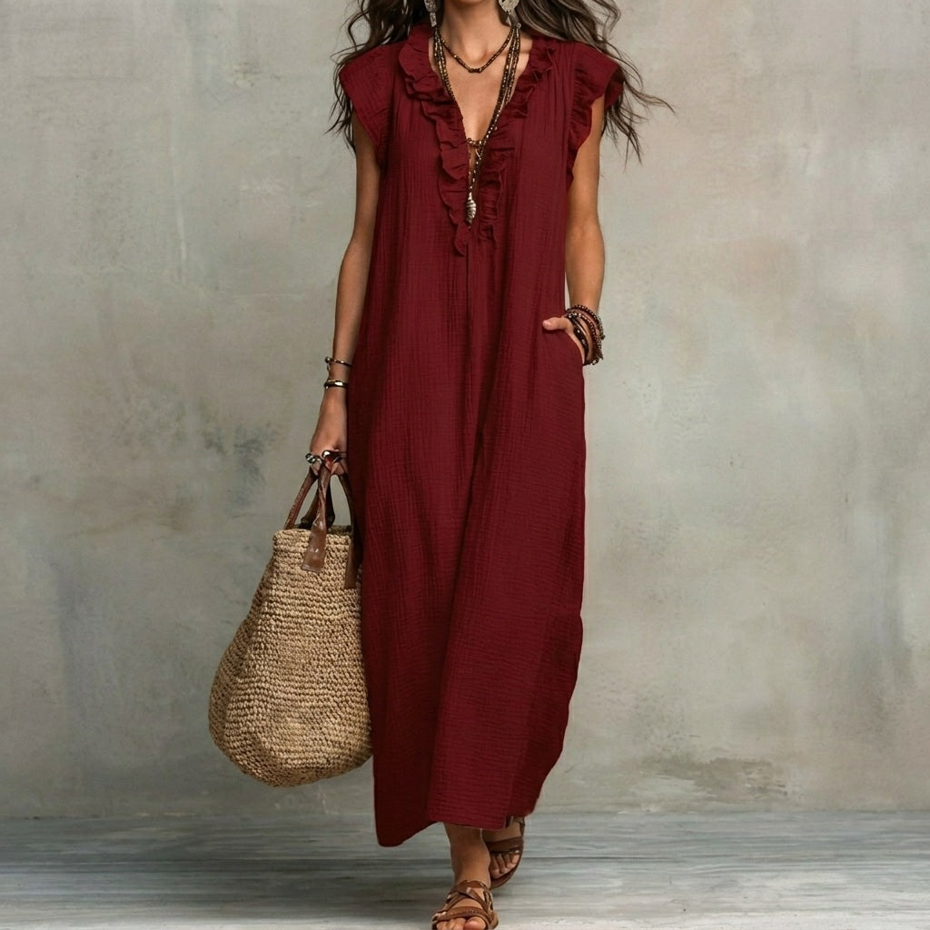 Joséphine - Robe longue en lin texturé avec décolleté en V et volants