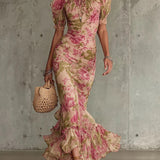 Lara - Robe longue ajustée avec motif floral