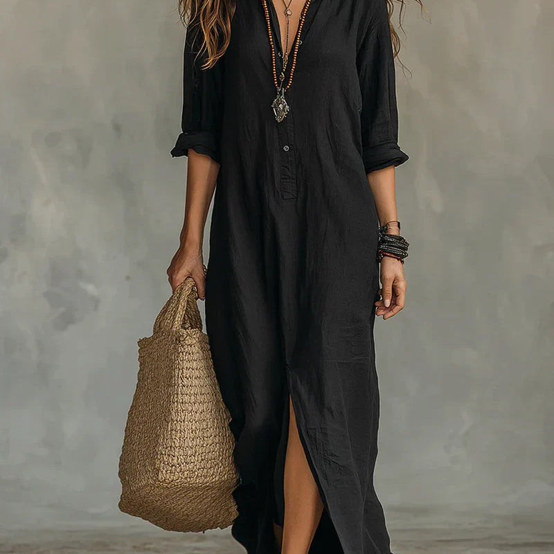 Céline - Robe Maxi Noire Ample avec Boutons