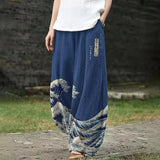 Ariane – Pantalon large bleu marine à motif de vagues