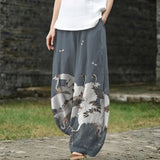 Michèle – Pantalon large gris à motif d'oiseau