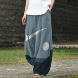 Aurore – Pantalon large bleu gris à motif de chat et de lune