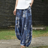 Éliane – Pantalon large bleu à motif de fleurs de prunier