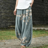Iseult – Pantalon large à motif de feuilles bleu clair