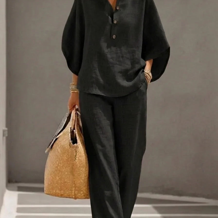 Marielle - Ensemble en lin avec manches chauve-souris et pantalon large