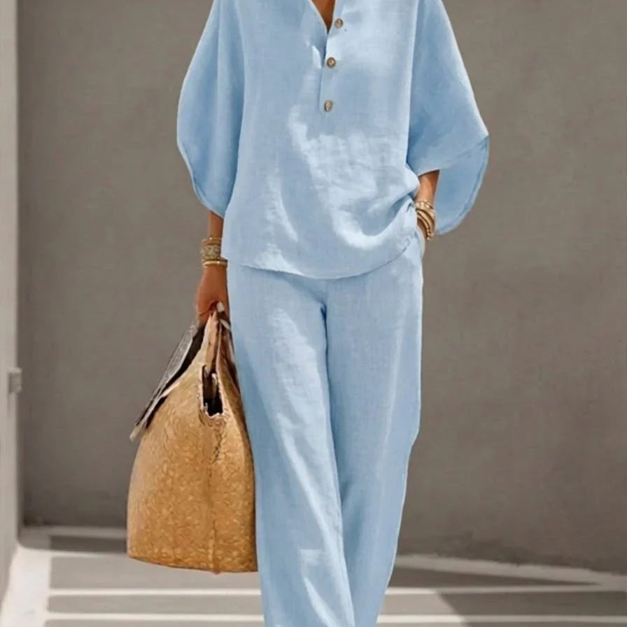 Marielle - Ensemble en lin avec manches chauve-souris et pantalon large