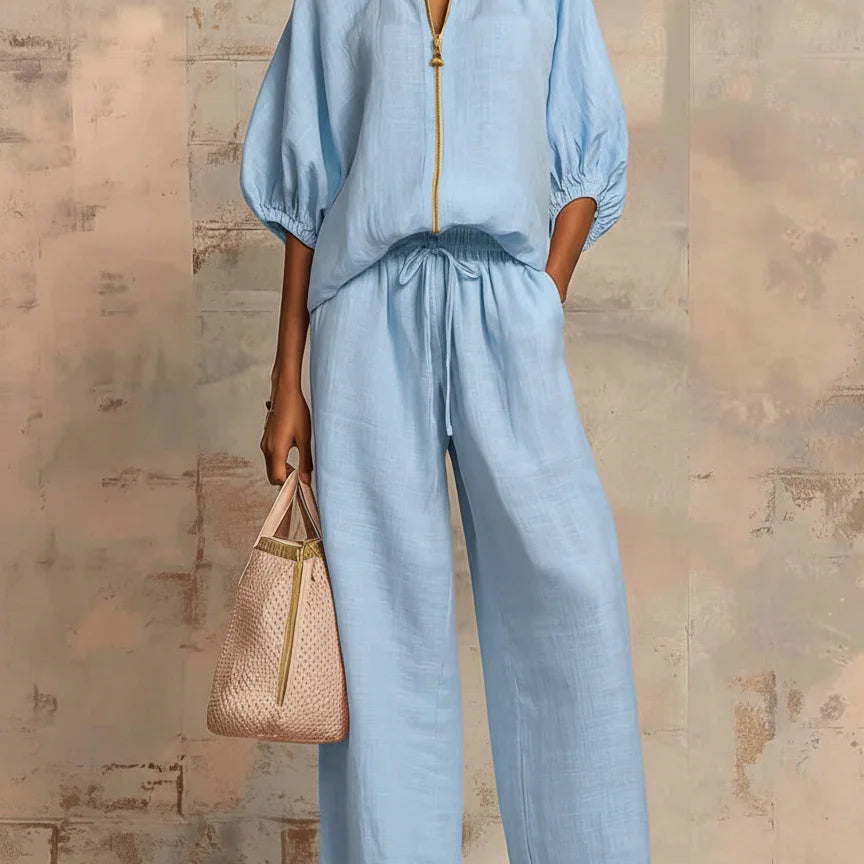 Aline - Ensemble de deux pièces : Chemise de style décontracté et pantalon à jambe large