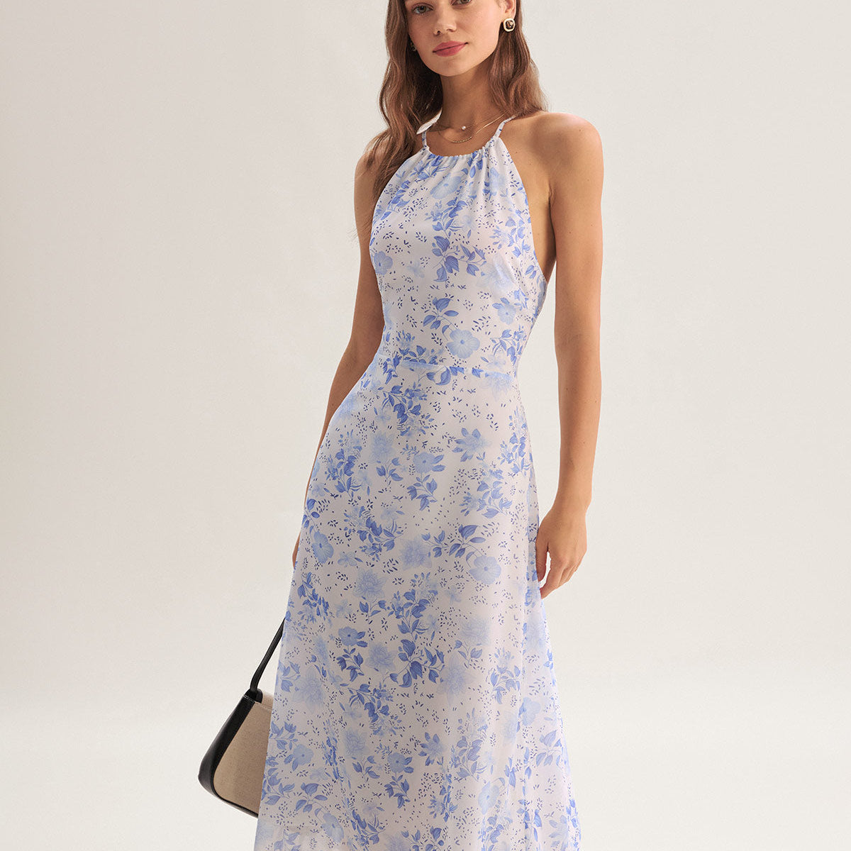 Clarice - Sukienka Midi Niebieska Kwiatowa